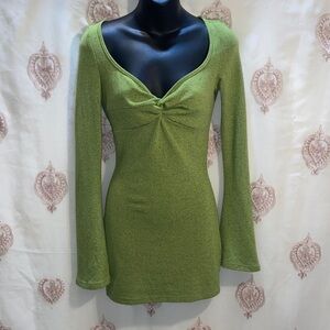 Green Twist Front Long Bell Sleeve Mini Sweater Dress Sz XS